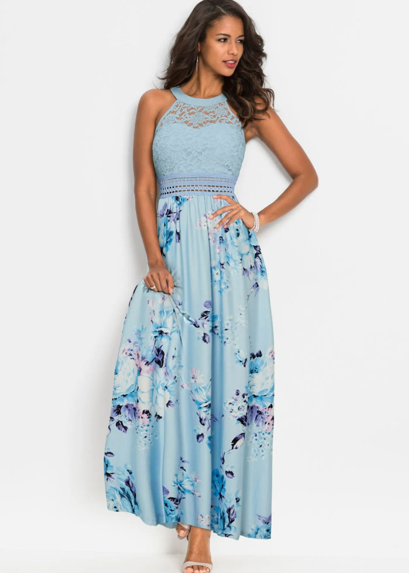 bonprix bonprix Vestidos>Vestido largo con estampado floral y encaje azul pálido/rosa pálido con flores