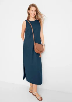 Mujer bonprix bonprix Vestido largo de lino con motivo perforado en el escote y abertura lateral