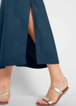 Mujer bonprix bonprix Vestido largo de lino con motivo perforado en el escote y abertura lateral