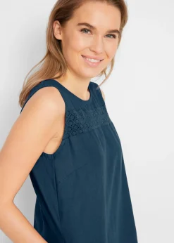 Mujer bonprix bonprix Vestido largo de lino con motivo perforado en el escote y abertura lateral