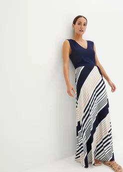 bonprix bonprix Vestidos>Vestido largo de mezcla de viscosa suave Azul marino-crema con rayas