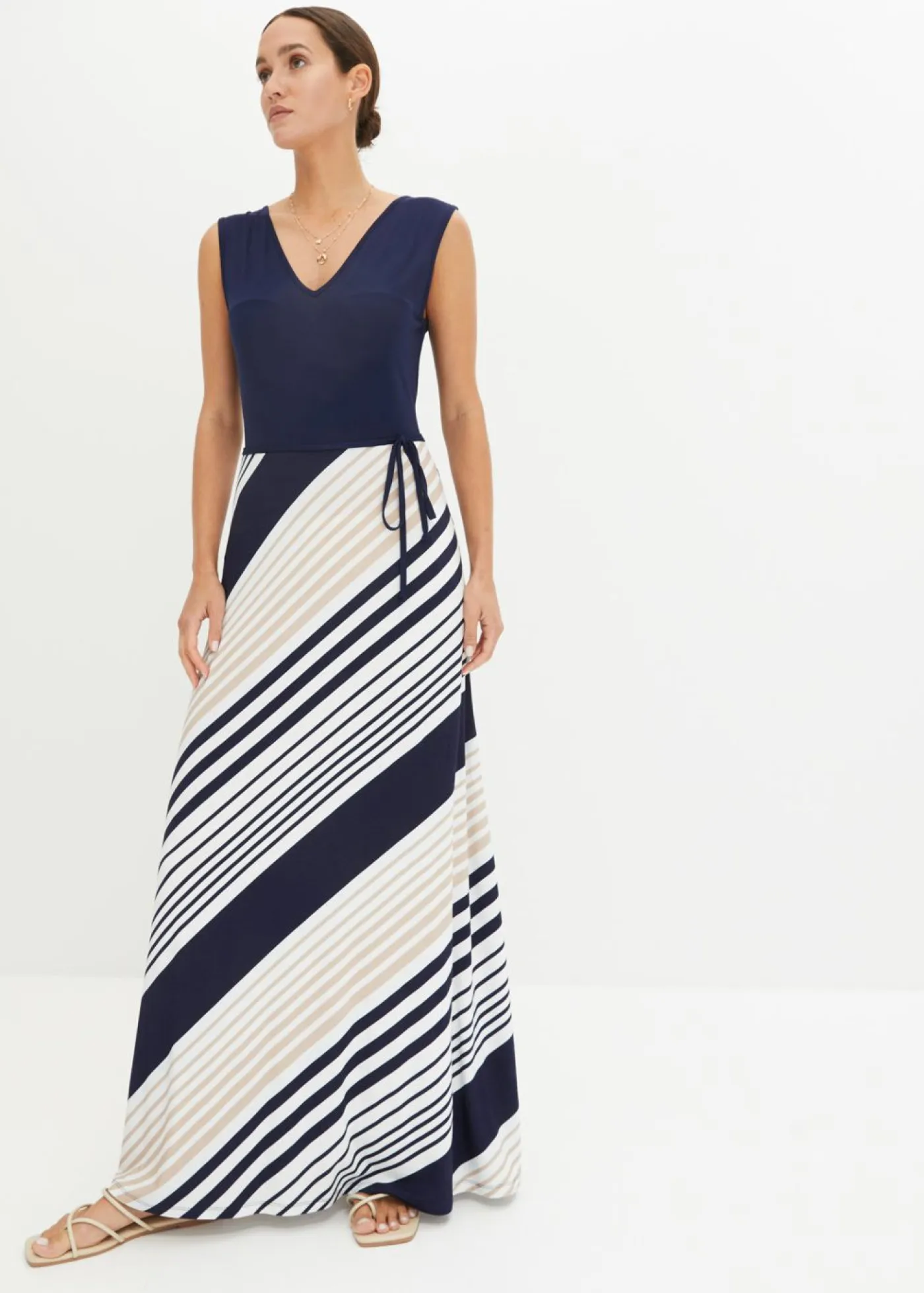 bonprix bonprix Vestidos>Vestido largo de mezcla de viscosa suave Azul marino-crema con rayas