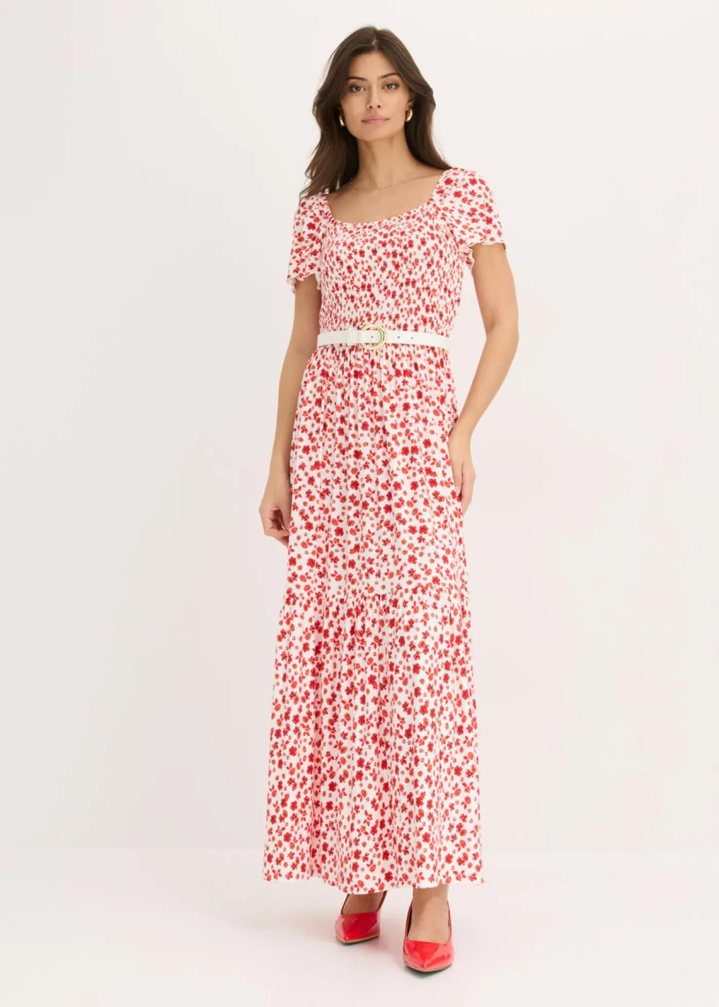 bonprix bonprix Vestidos>Vestido largo de mezcla de viscosa Blanco lana/fresa de flores