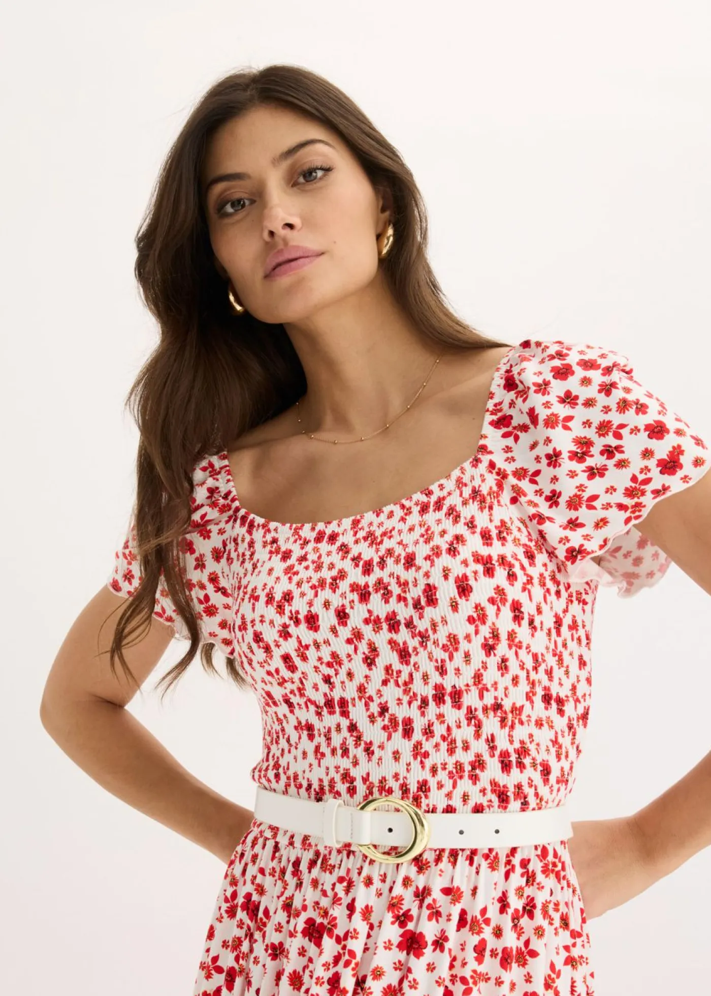 bonprix bonprix Vestidos>Vestido largo de mezcla de viscosa Blanco lana/fresa de flores