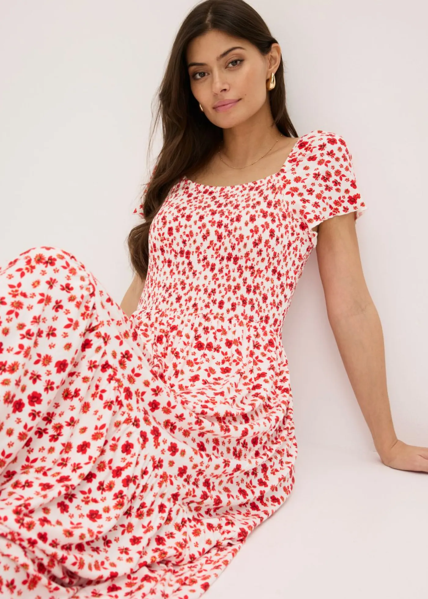 bonprix bonprix Vestidos>Vestido largo de mezcla de viscosa Blanco lana/fresa de flores