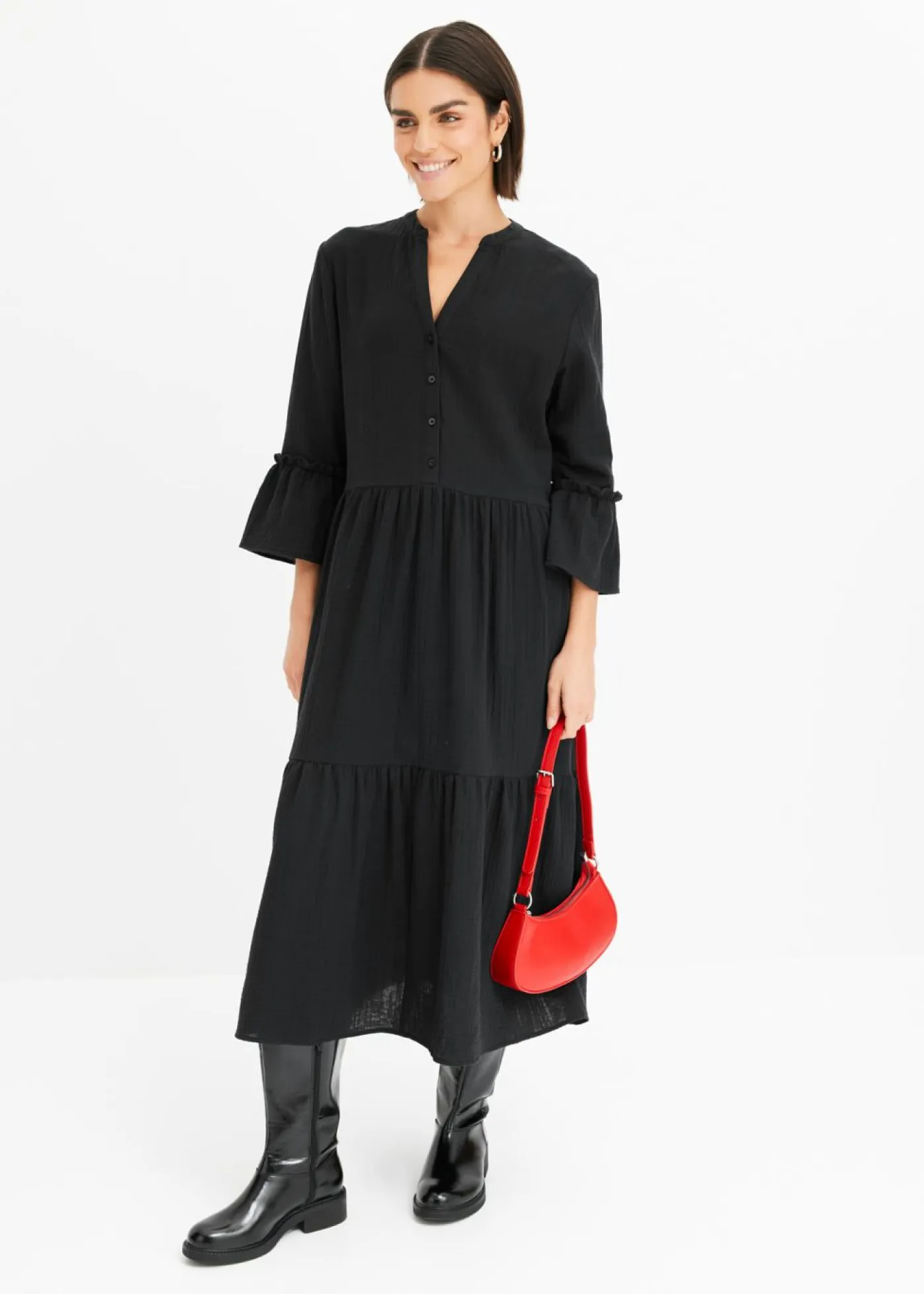 bonprix bonprix Tallas Pequeñas>Vestido largo de muselina suave Negro