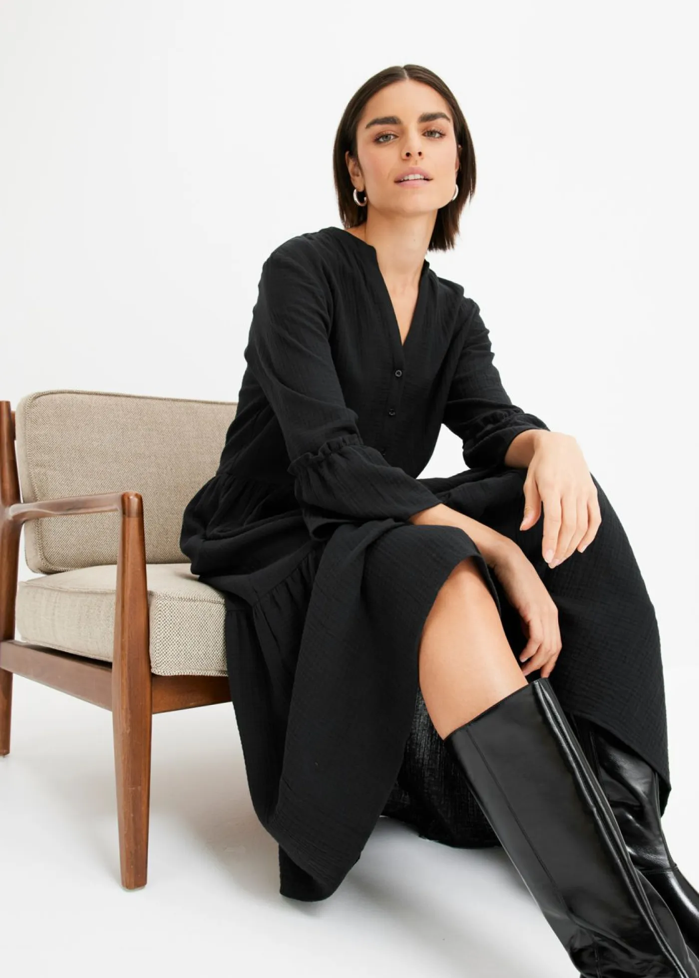 bonprix bonprix Tallas Pequeñas>Vestido largo de muselina suave Negro