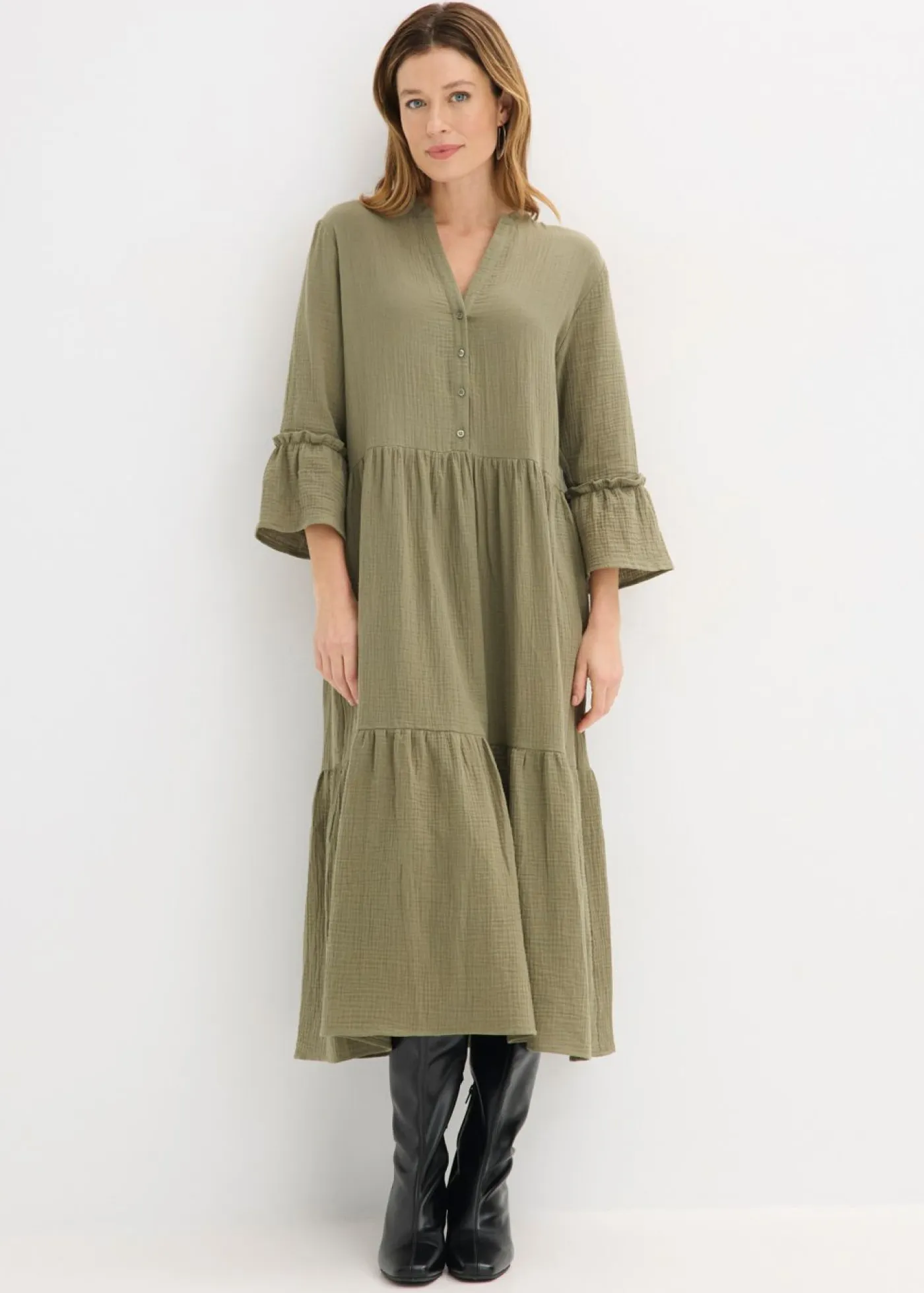 bonprix bonprix Vestidos|Novedades>Vestido largo de muselina suave Verde oliva