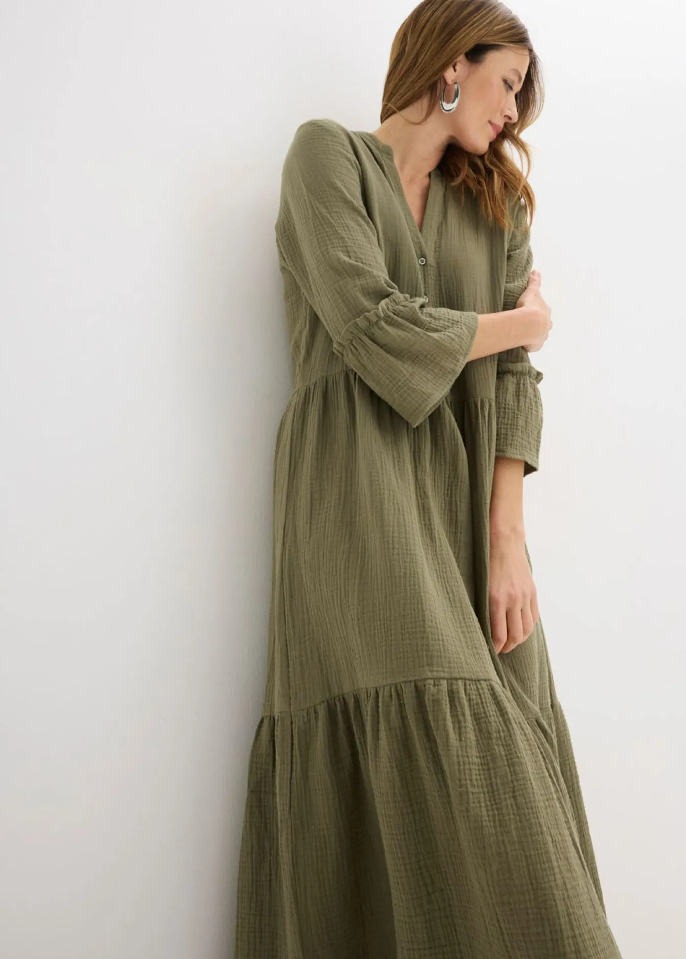 bonprix bonprix Vestidos|Novedades>Vestido largo de muselina suave Verde oliva