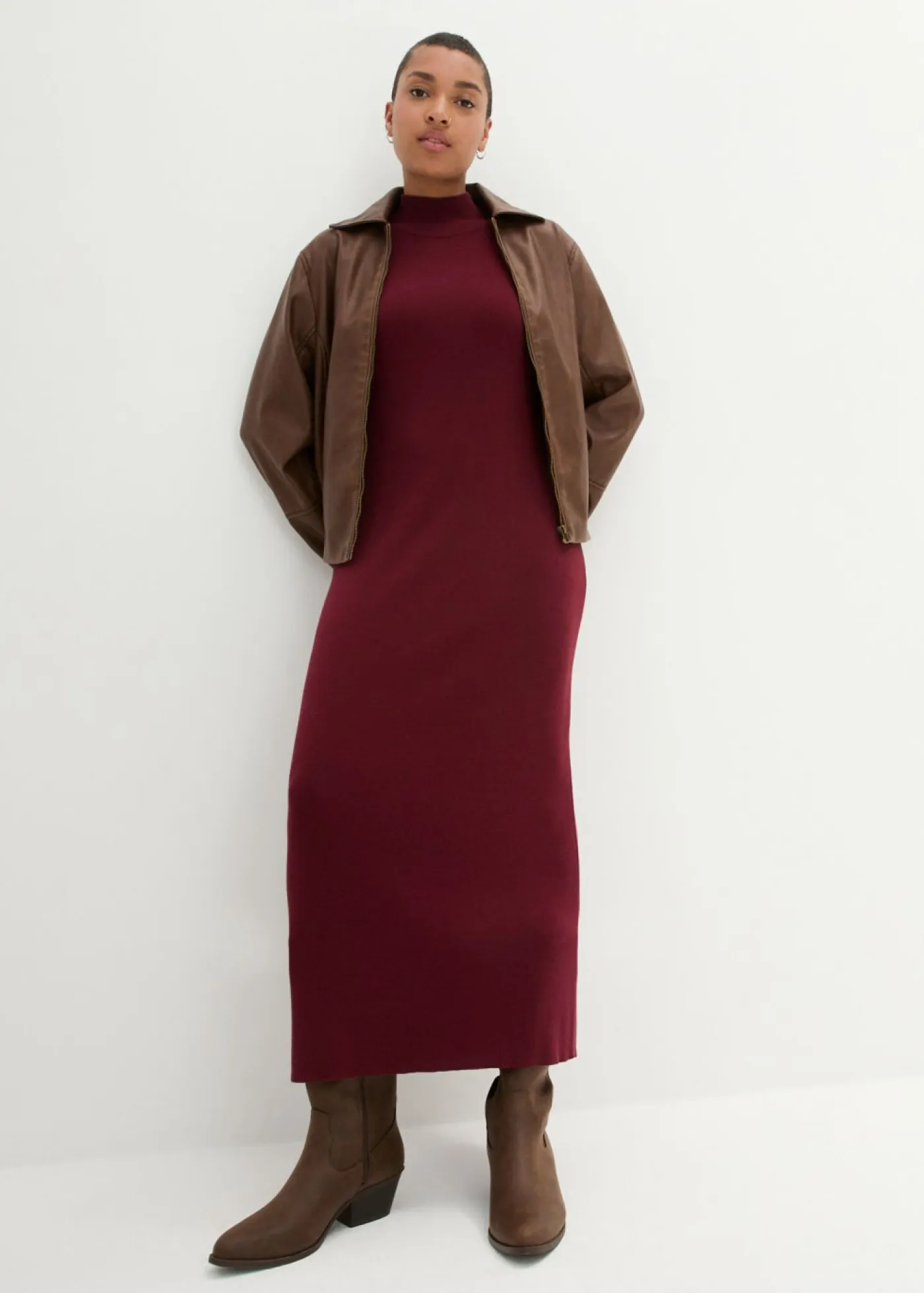 bonprix bonprix Vestidos|Ropa De Punto>Vestido largo de punto fino de mezcla de viscosa fluida Rojo rubí