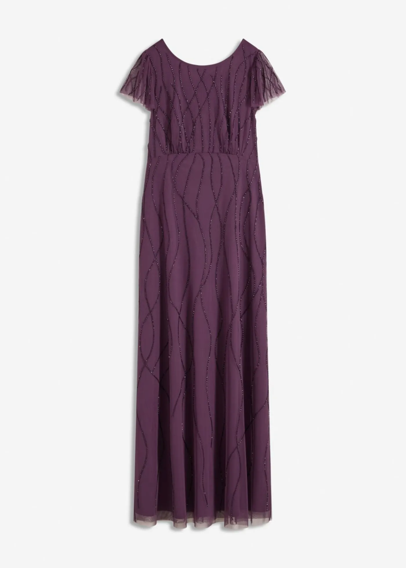 bonprix bonprix Tallas Pequeñas>Vestido largo de tul delicado con bordado de perlas Lila oscuro