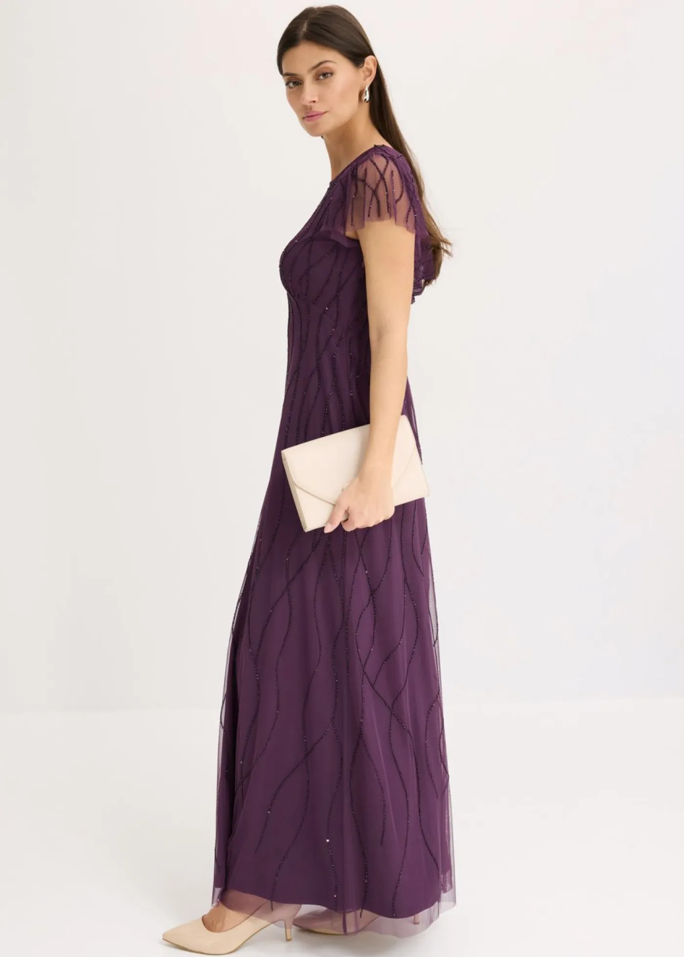 bonprix bonprix Tallas Pequeñas>Vestido largo de tul delicado con bordado de perlas Lila oscuro