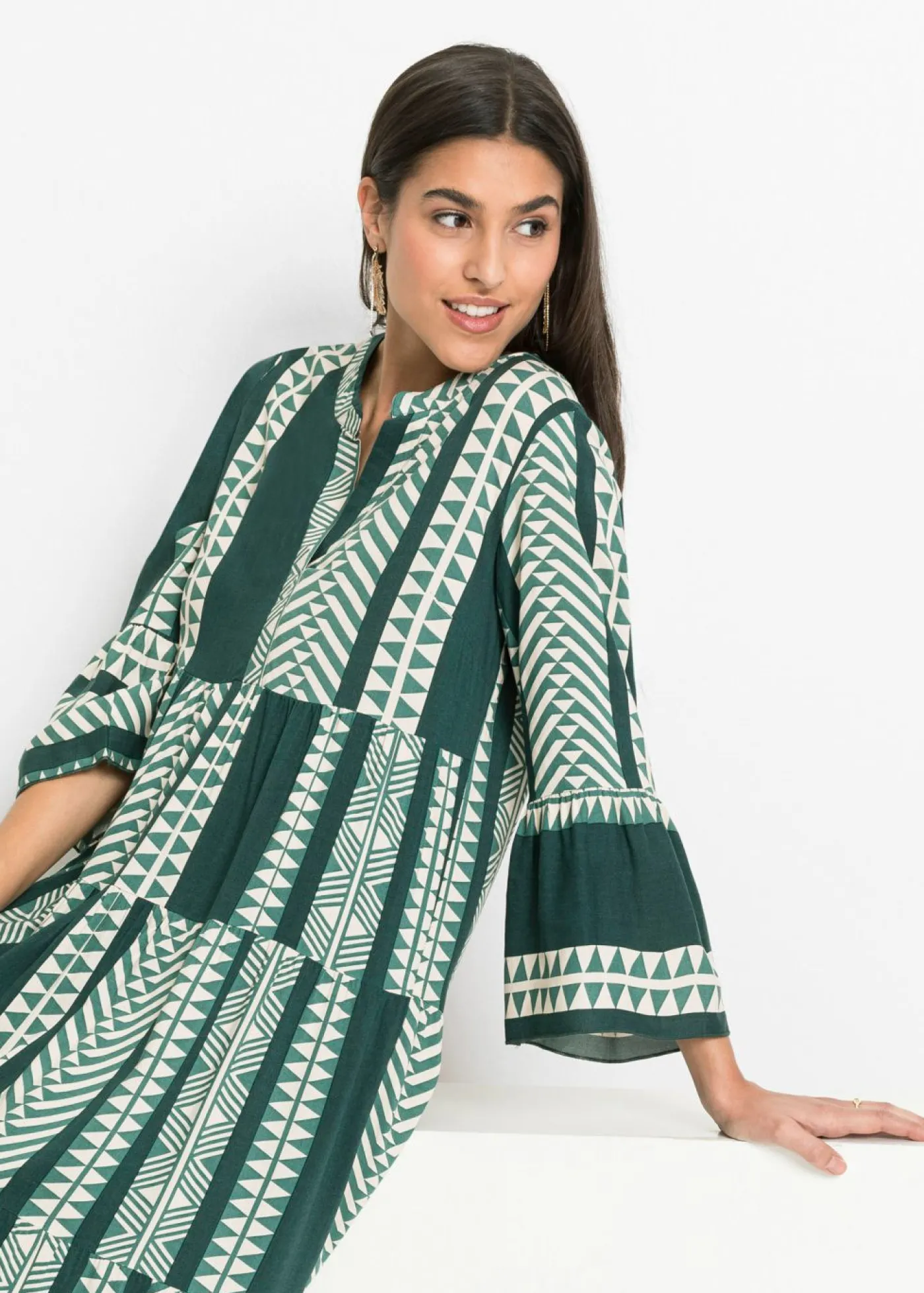 bonprix bonprix Vestidos>Vestido largo de viscosa fluida verde petróleo/beige