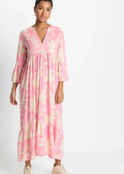 bonprix bonprix Vestidos|Novedades>Vestido largo de viscosa fluida rosa brillante-arena claro con flores