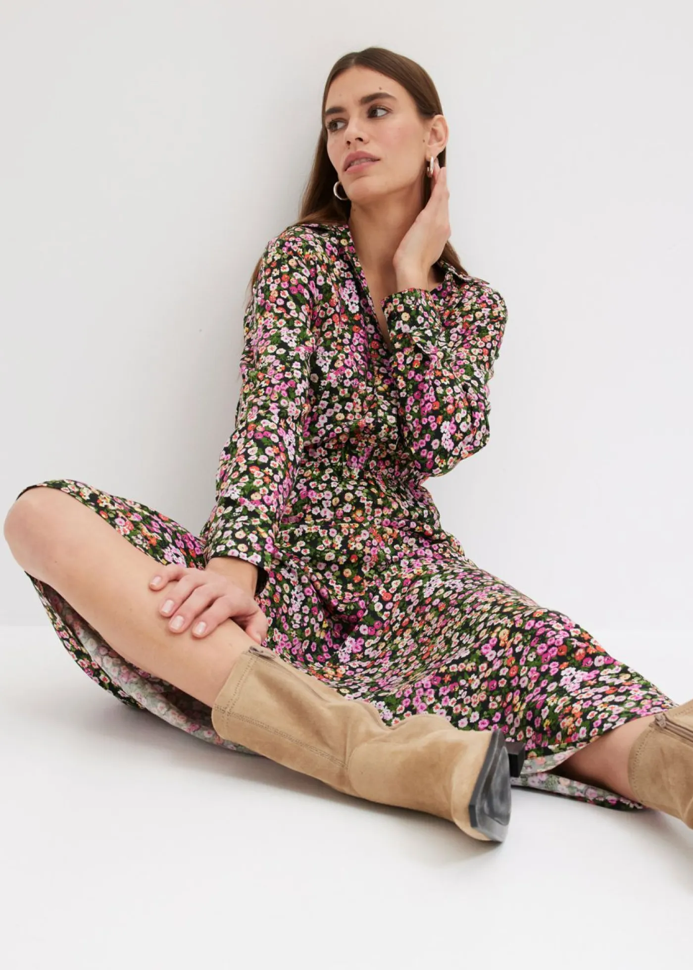 bonprix bonprix Vestidos>Vestido largo estampado rosa caliente-verde claro con flores