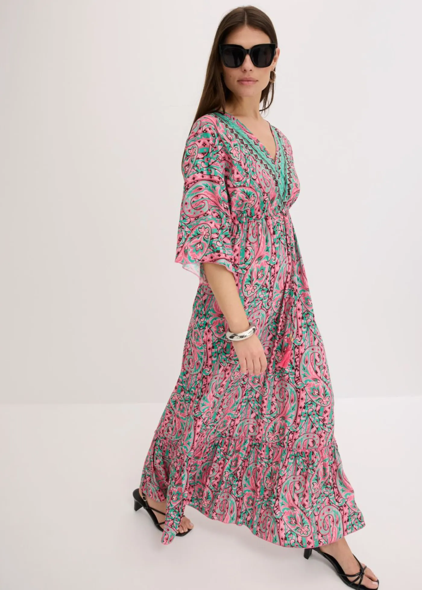 bonprix bonprix Vestidos>Vestido largo estampado de viscosa fluida rosa caliente/turquesa