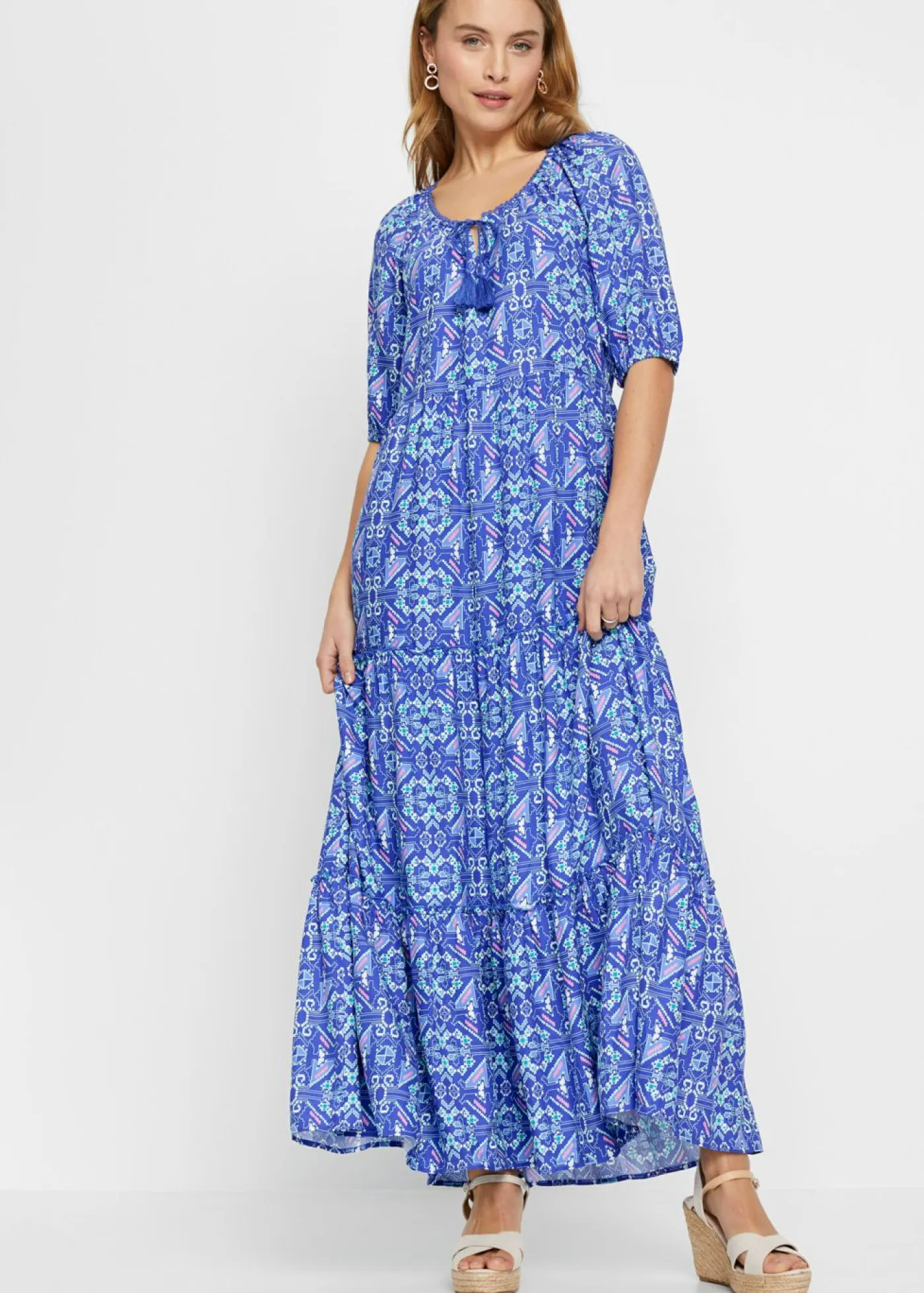 bonprix bonprix Vestidos>Vestido largo estampado de viscosa sostenible Azul zafiro