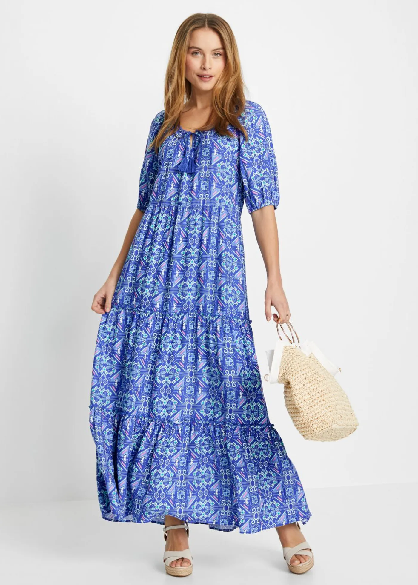 bonprix bonprix Vestidos>Vestido largo estampado de viscosa sostenible Azul zafiro