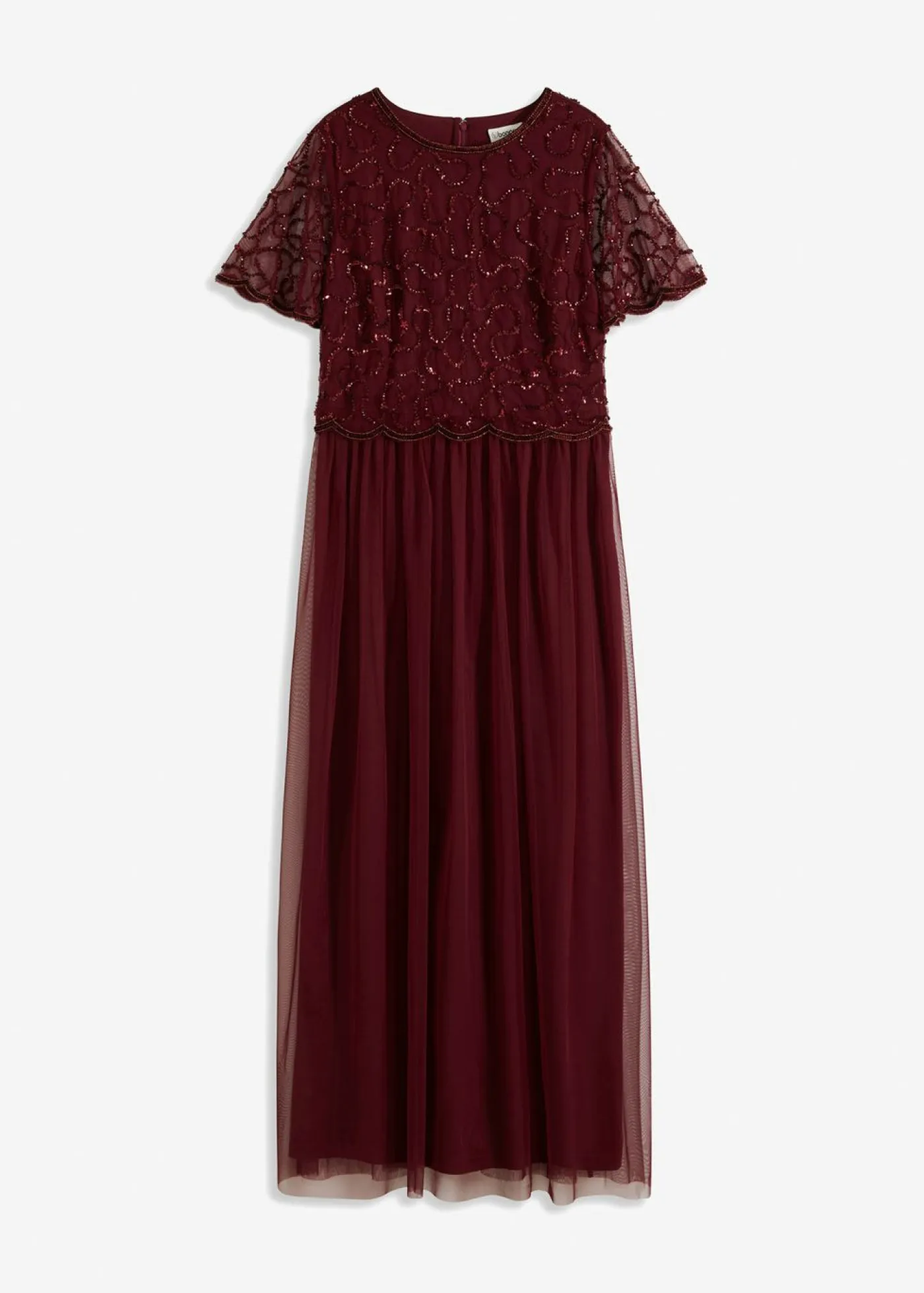 bonprix bonprix Vestidos|Novedades>Vestido maxi de tul fino con bordado de lentejuelas Rojo oscuro