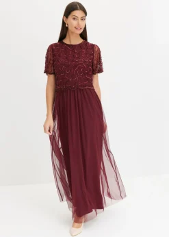 bonprix bonprix Vestidos|Novedades>Vestido maxi de tul fino con bordado de lentejuelas Rojo oscuro
