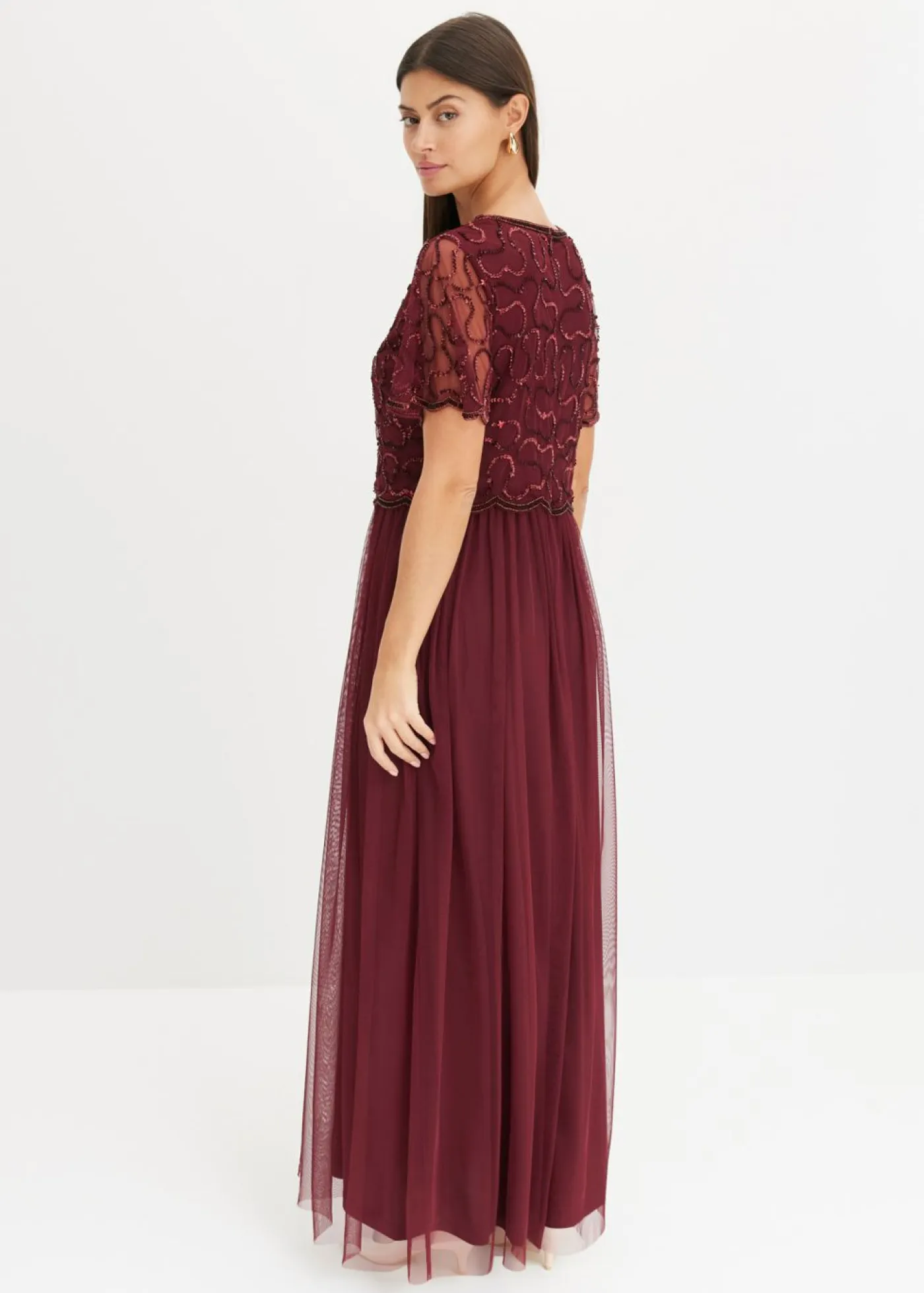 bonprix bonprix Vestidos|Novedades>Vestido maxi de tul fino con bordado de lentejuelas Rojo oscuro