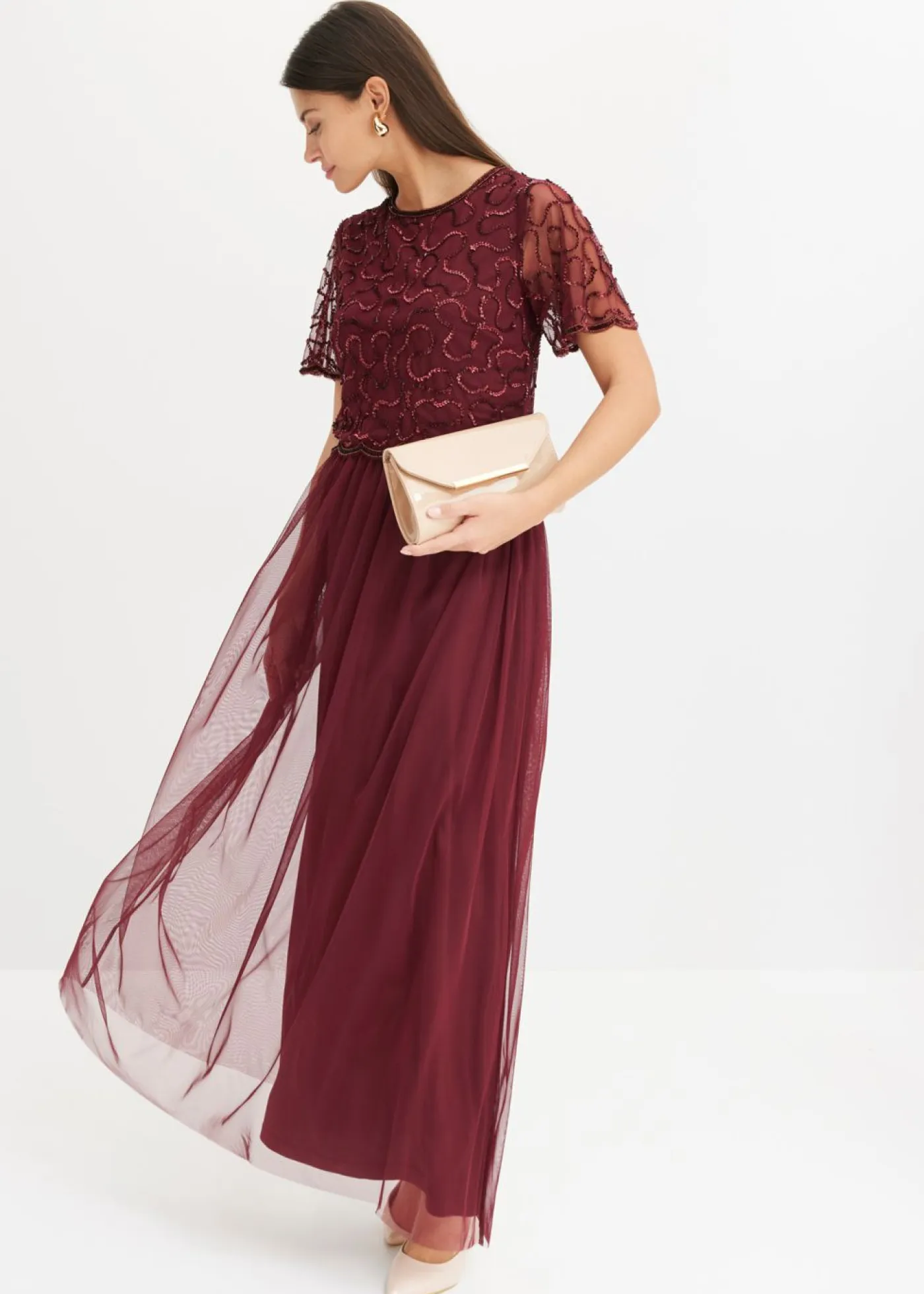 bonprix bonprix Vestidos|Novedades>Vestido maxi de tul fino con bordado de lentejuelas Rojo oscuro