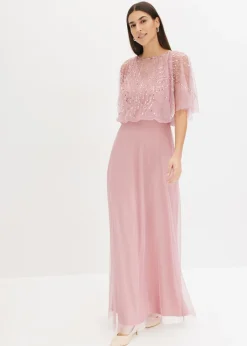 bonprix bonprix Vestidos|Tallas Pequeñas>Vestido maxi de tul fino con bordado de lentejuelas Rosa
