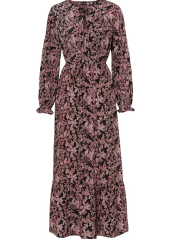bonprix bonprix Vestidos>Vestido maxi de viscosa pura Negro-rosa de flores