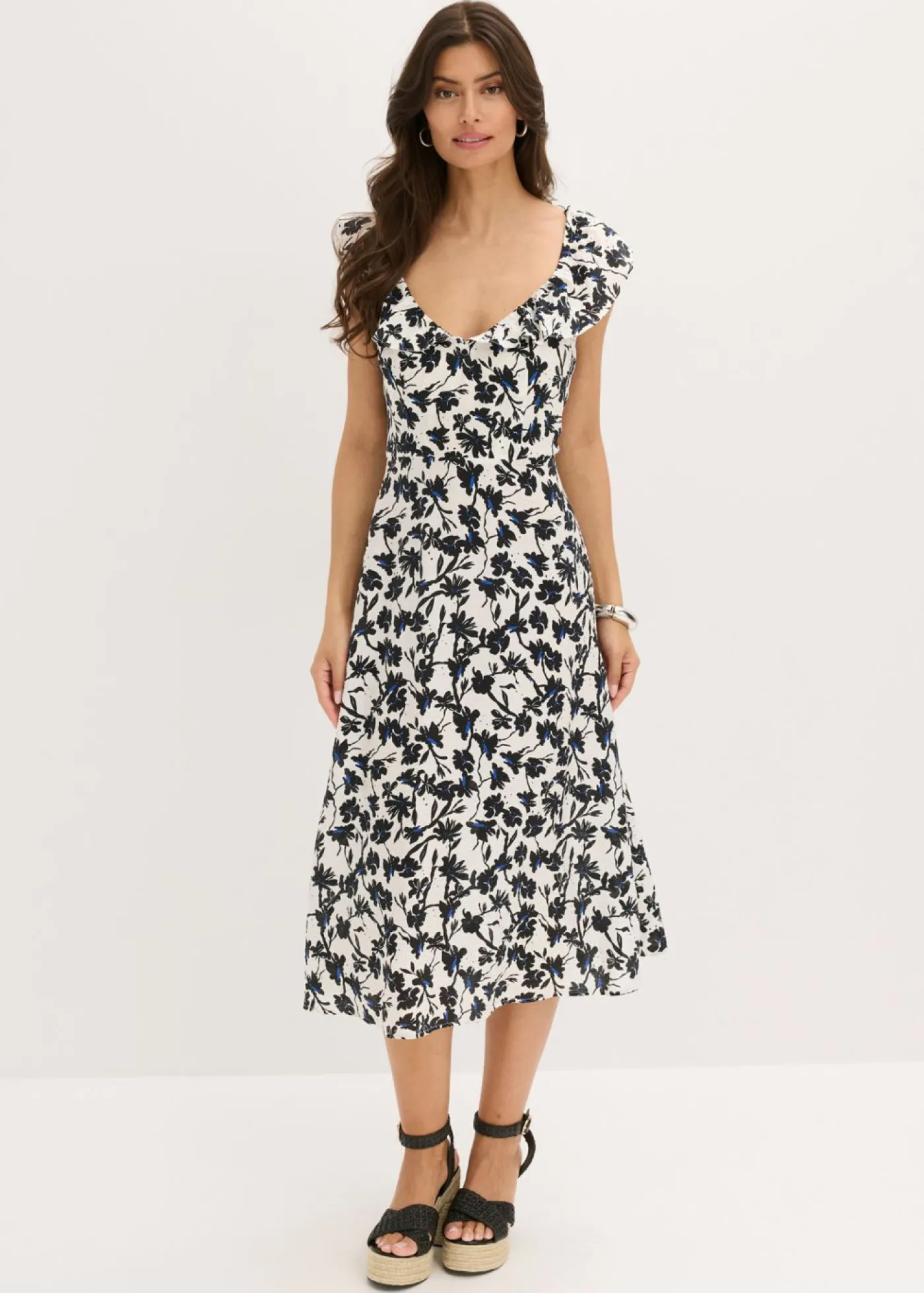 bonprix bonprix Vestidos>Vestido midi blanco lana-negro-azul genciana