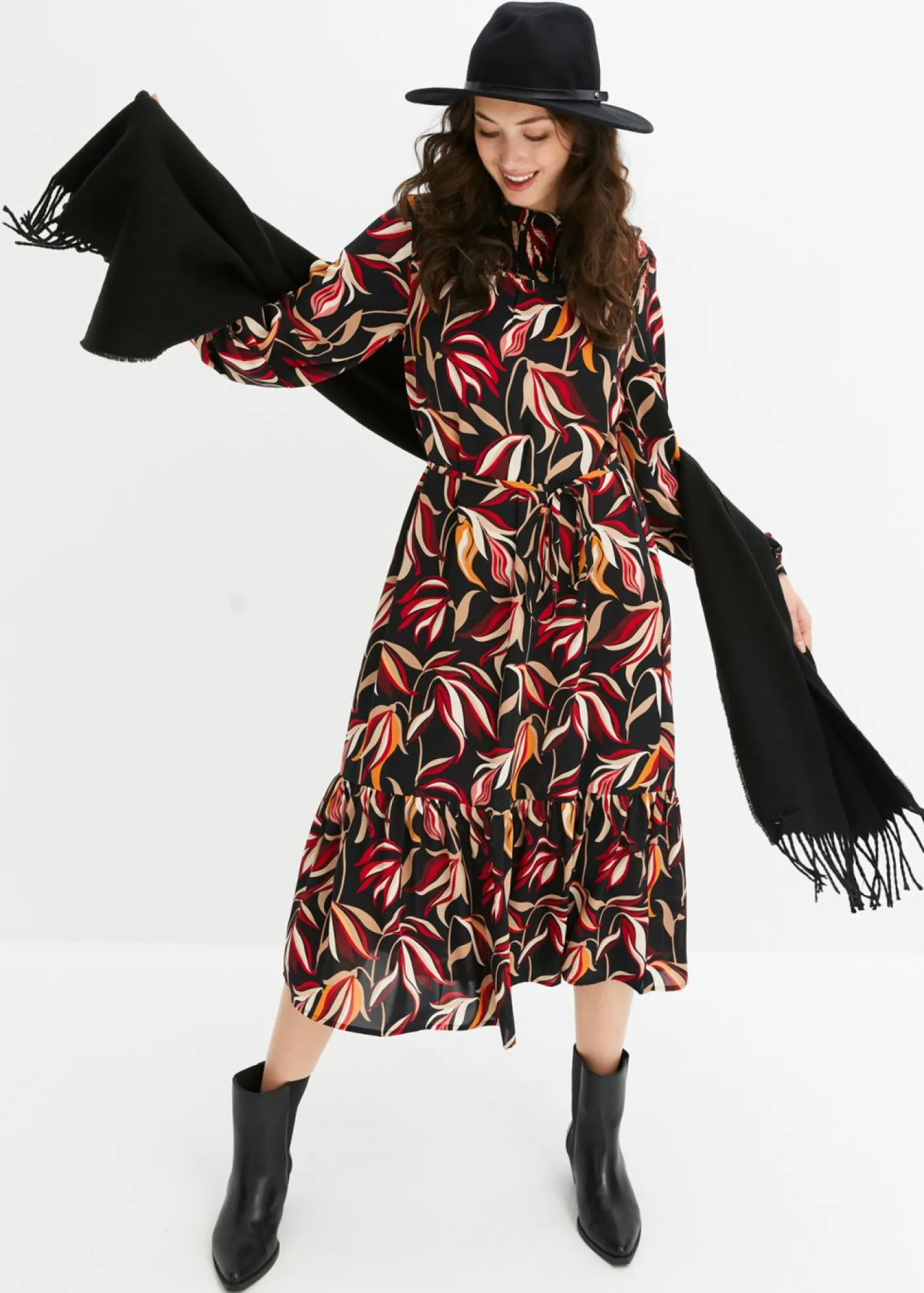 bonprix bonprix Vestidos>Vestido midi Negro con flores