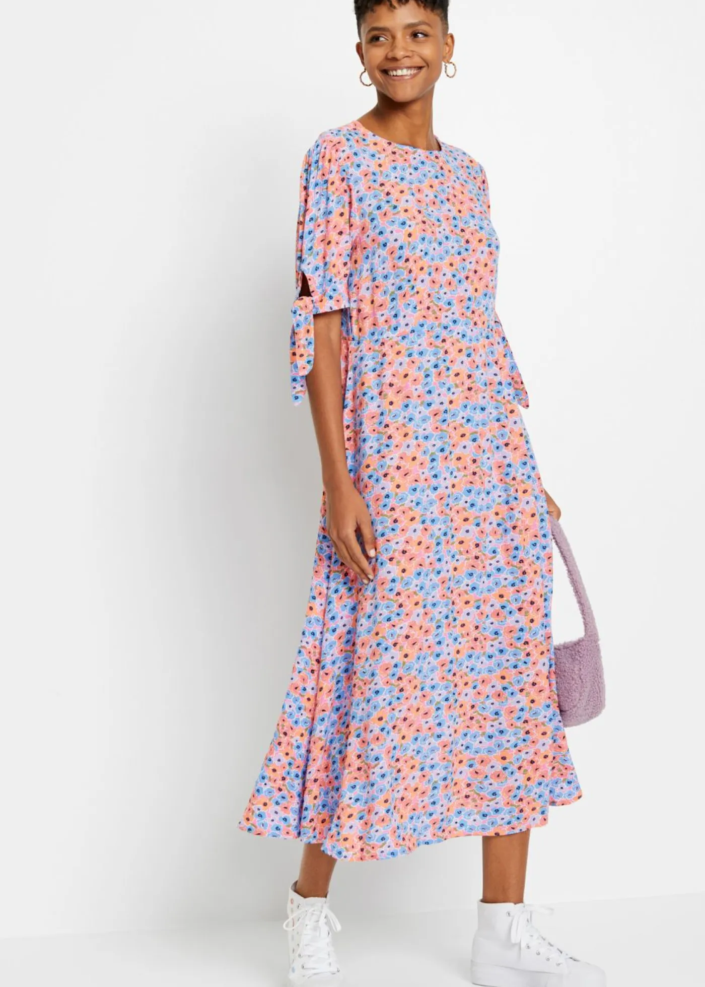 bonprix bonprix Vestidos>Vestido midi violeta claro/narajna suave con flores