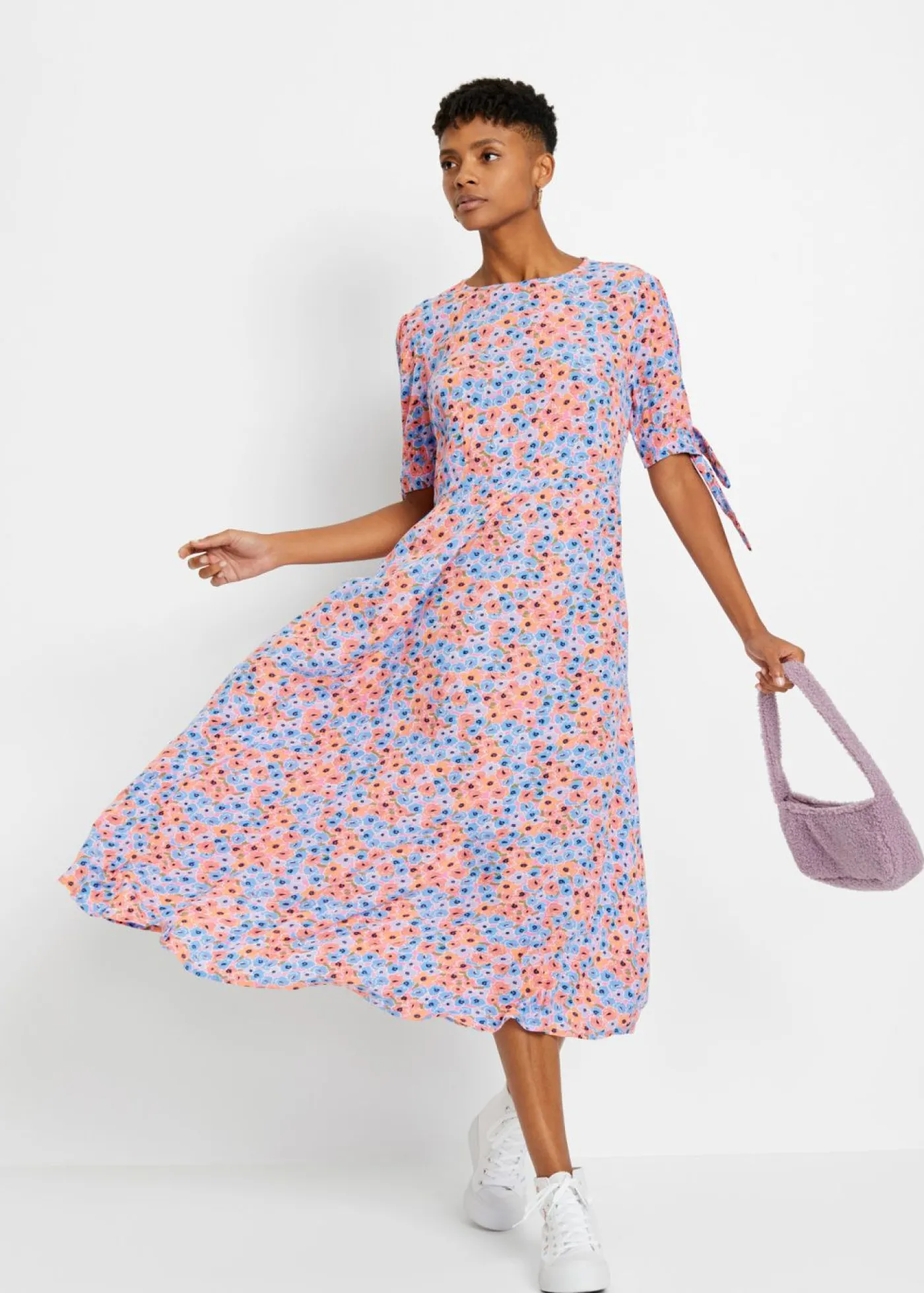 bonprix bonprix Vestidos>Vestido midi violeta claro/narajna suave con flores