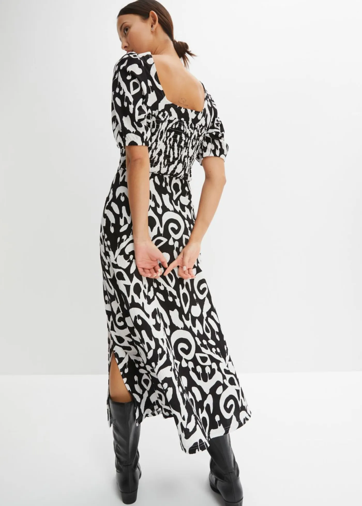 bonprix bonprix Vestidos>Vestido midi Negro-blanco lana