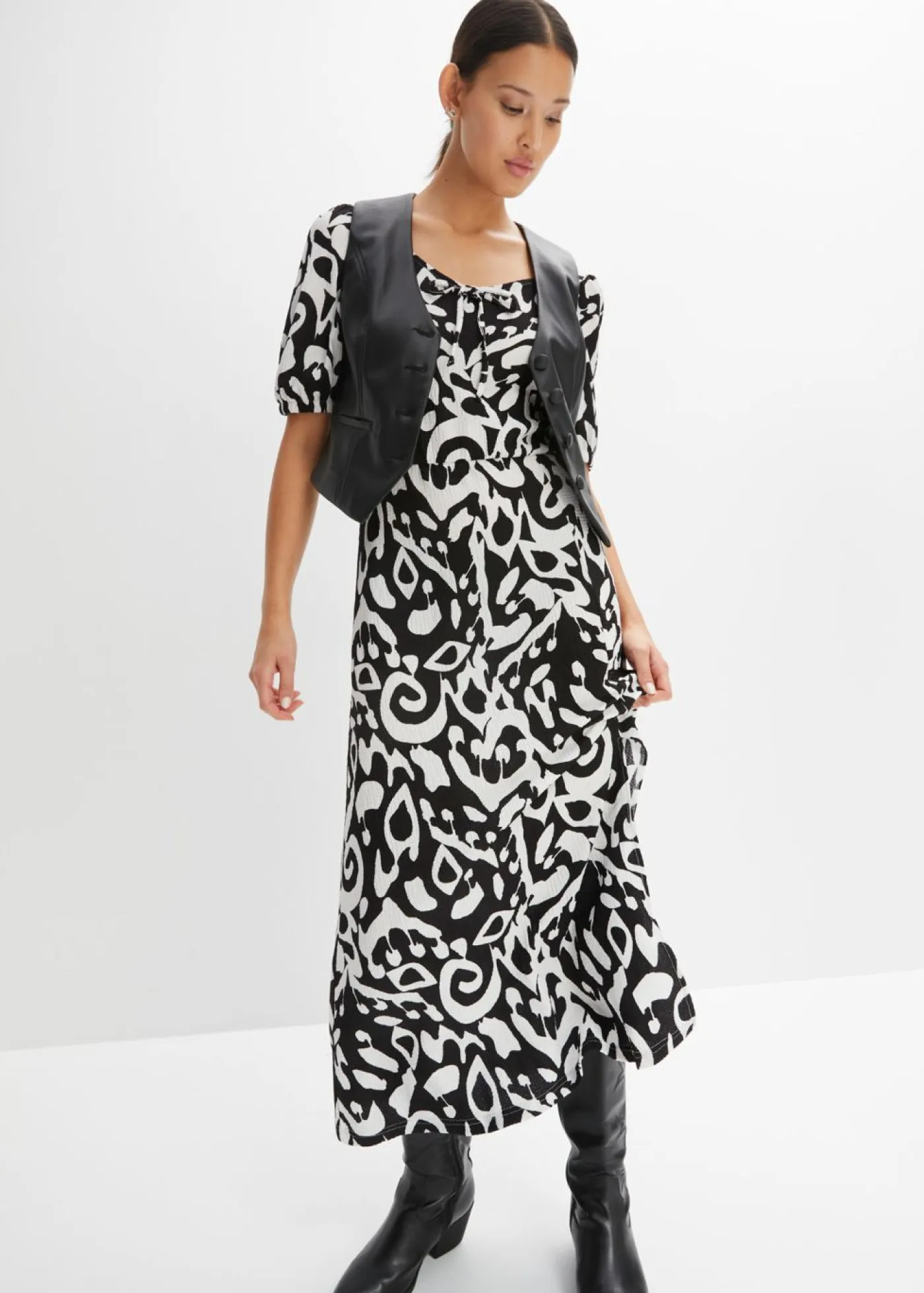 bonprix bonprix Vestidos>Vestido midi Negro-blanco lana