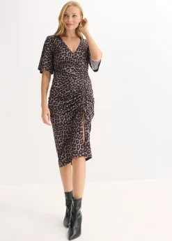 bonprix bonprix Vestidos|Novedades>Vestido midi ajustado Marrón-negro con estampado de leopardo