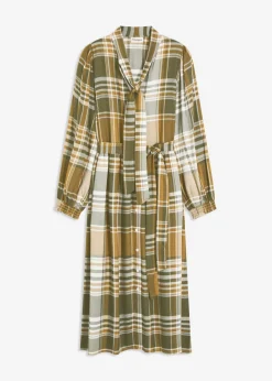 bonprix bonprix Vestidos>Vestido midi con lazo verde oliva mate-verde oliva oscuro-blanco lana a cuadros
