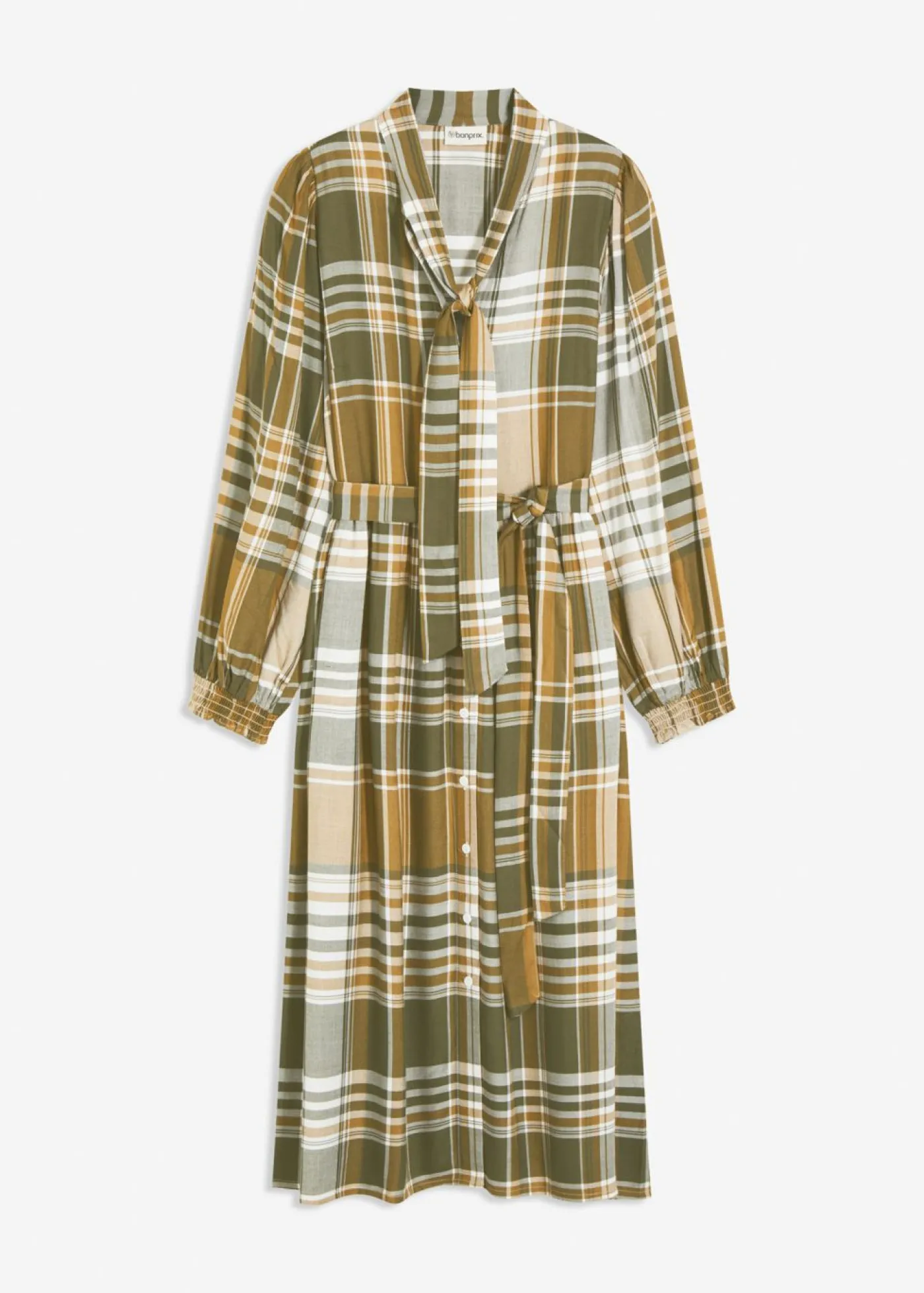 bonprix bonprix Vestidos>Vestido midi con lazo verde oliva mate-verde oliva oscuro-blanco lana a cuadros