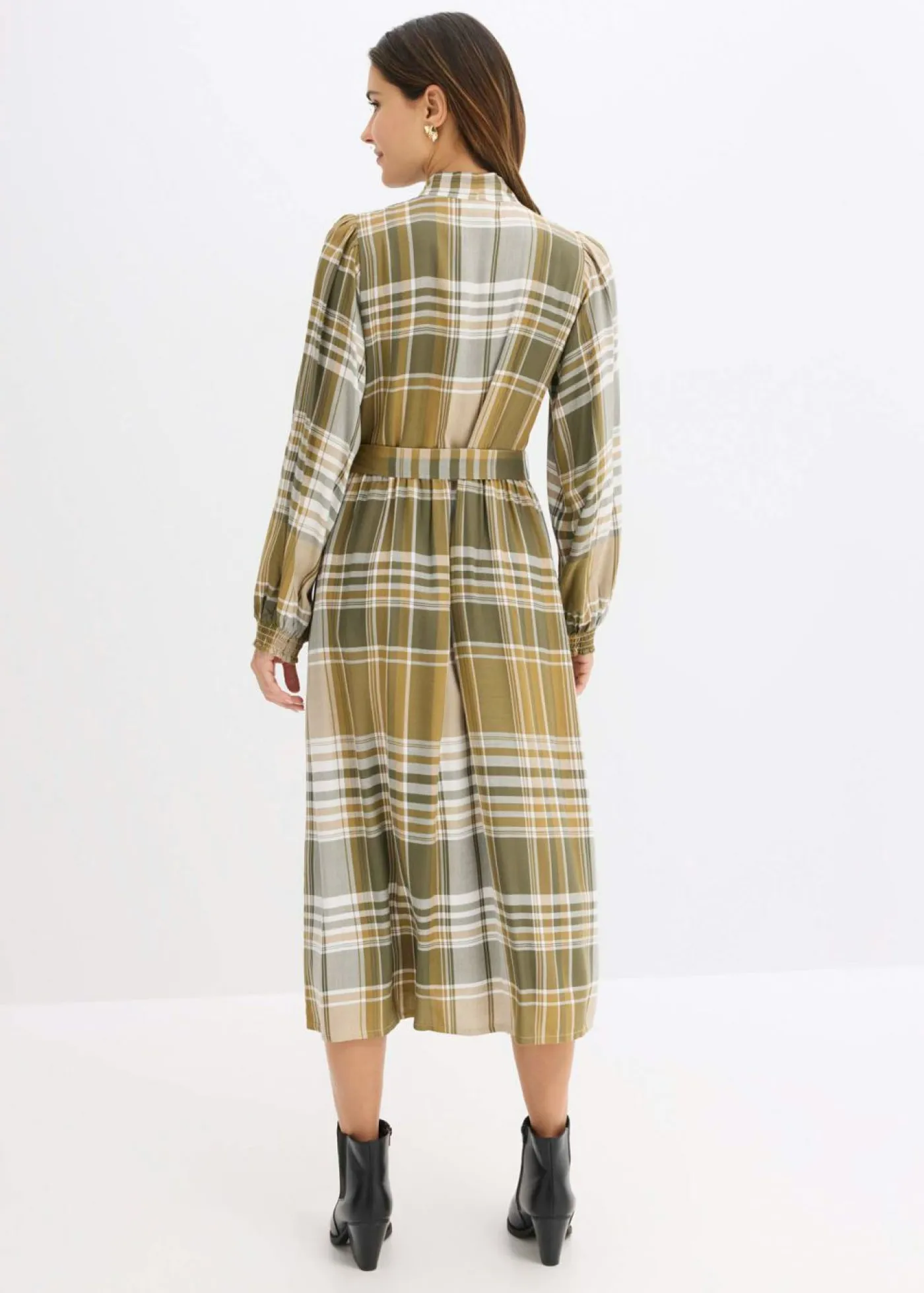 bonprix bonprix Vestidos>Vestido midi con lazo verde oliva mate-verde oliva oscuro-blanco lana a cuadros