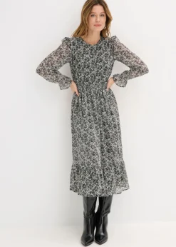 bonprix bonprix Vestidos>Vestido midi con volantes Negro-blanco de flores