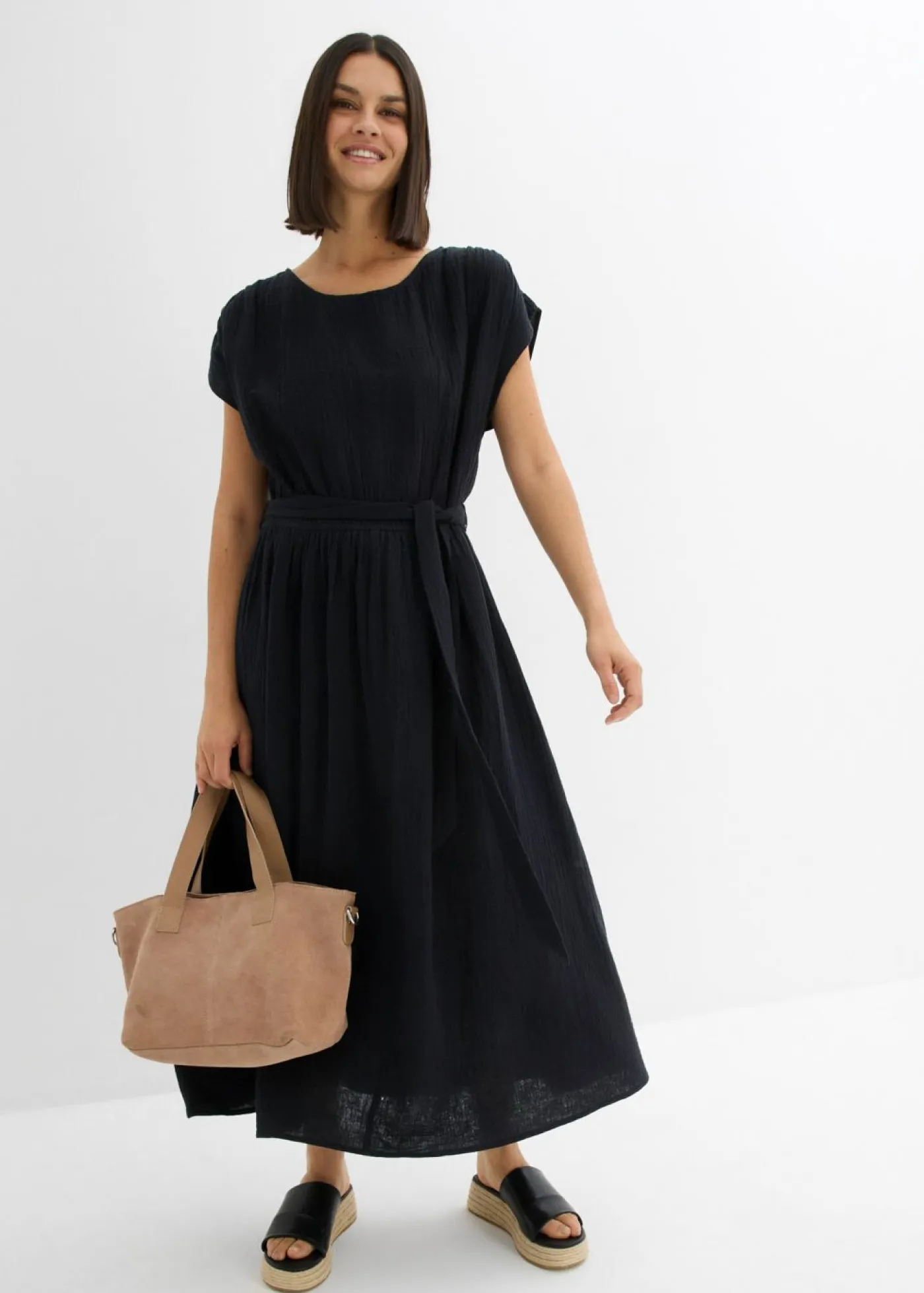 bonprix bonprix Vestidos>Vestido midi de algodón puro Negro