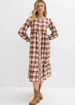 bonprix bonprix Vestidos>Vestido midi de franela marrón ladrillo a cuadros