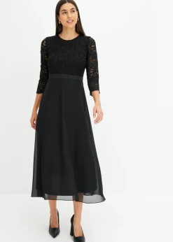 bonprix bonprix Tallas Pequeñas|Ropa Elegante>Vestido midi de gasa fina con parte superior de encaje Negro