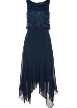 bonprix bonprix Ropa Elegante>Vestido midi de gasa fina con encaje Azul marino
