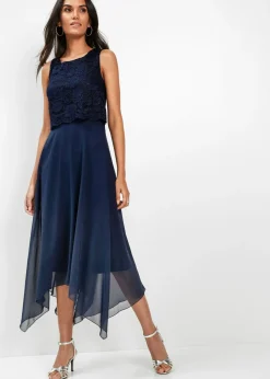 bonprix bonprix Ropa Elegante>Vestido midi de gasa fina con encaje Azul marino