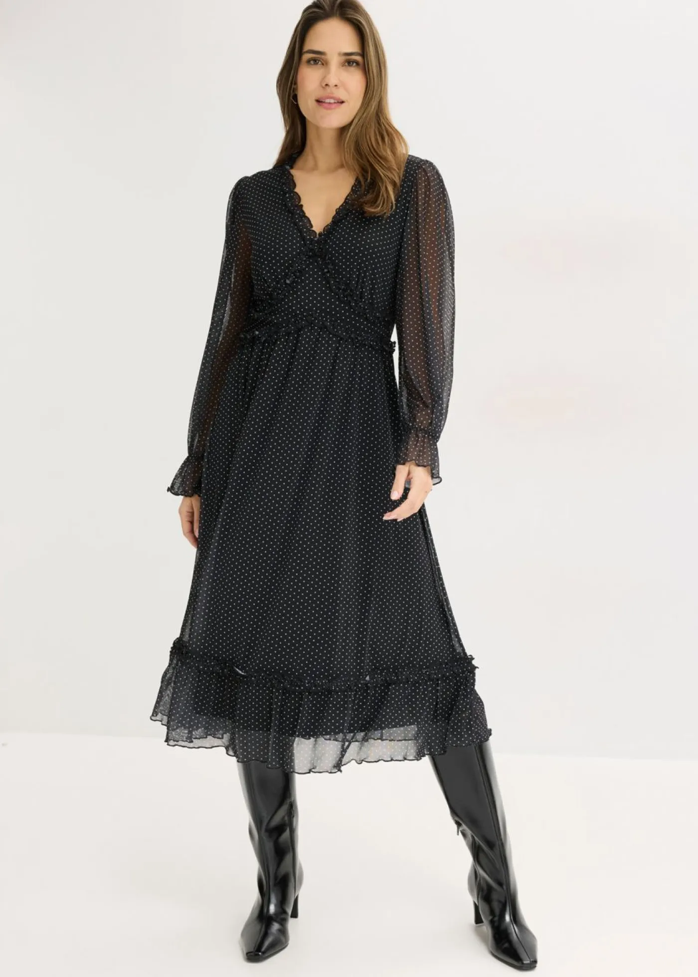 bonprix bonprix Vestidos>Vestido midi de malla negro - blanco topos