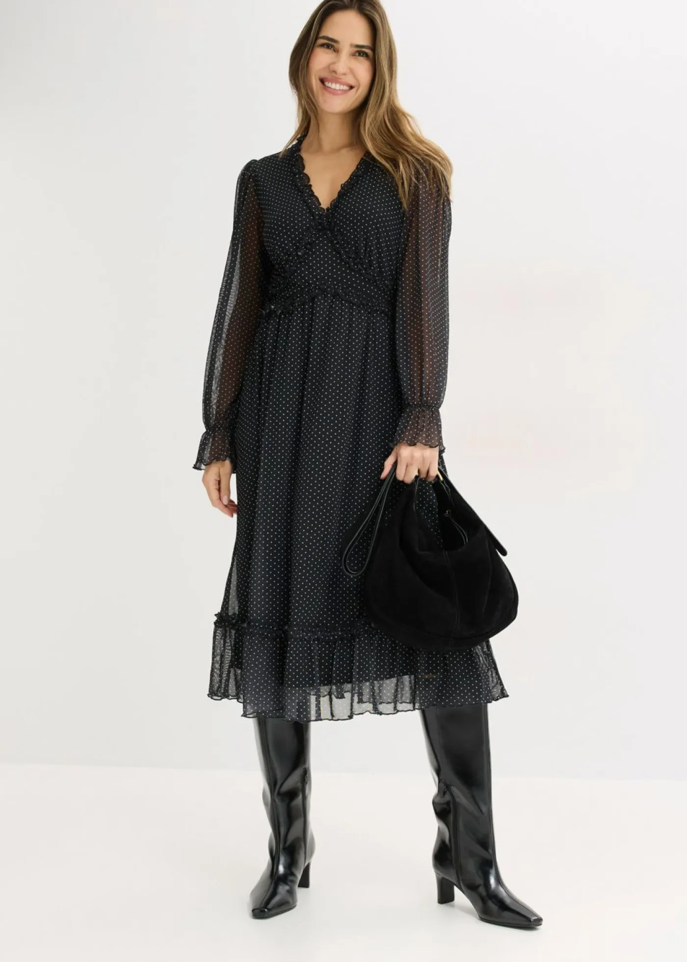 bonprix bonprix Vestidos>Vestido midi de malla negro - blanco topos