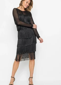bonprix bonprix Vestidos|Tallas Pequeñas>Vestido midi de malla vaporosa con flecos Negro