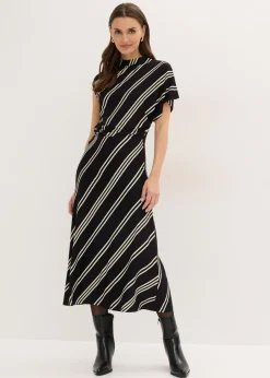 bonprix bonprix Vestidos>Vestido midi de mezcla de viscosa suave Negro-blanco con rayas