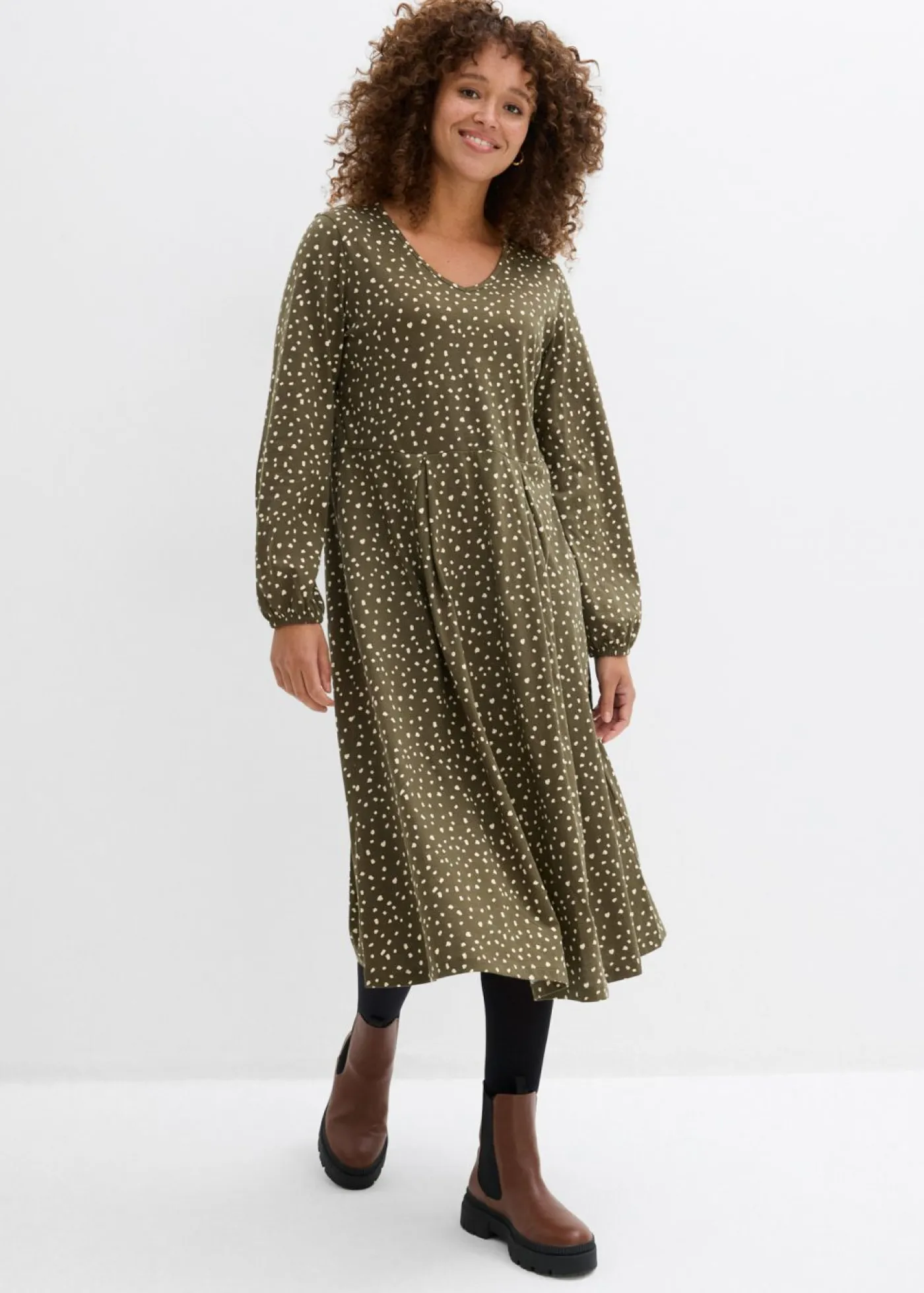 bonprix bonprix Vestidos>Vestido midi de punto de algodón Verde oliva oscuro/arena claro de lunares