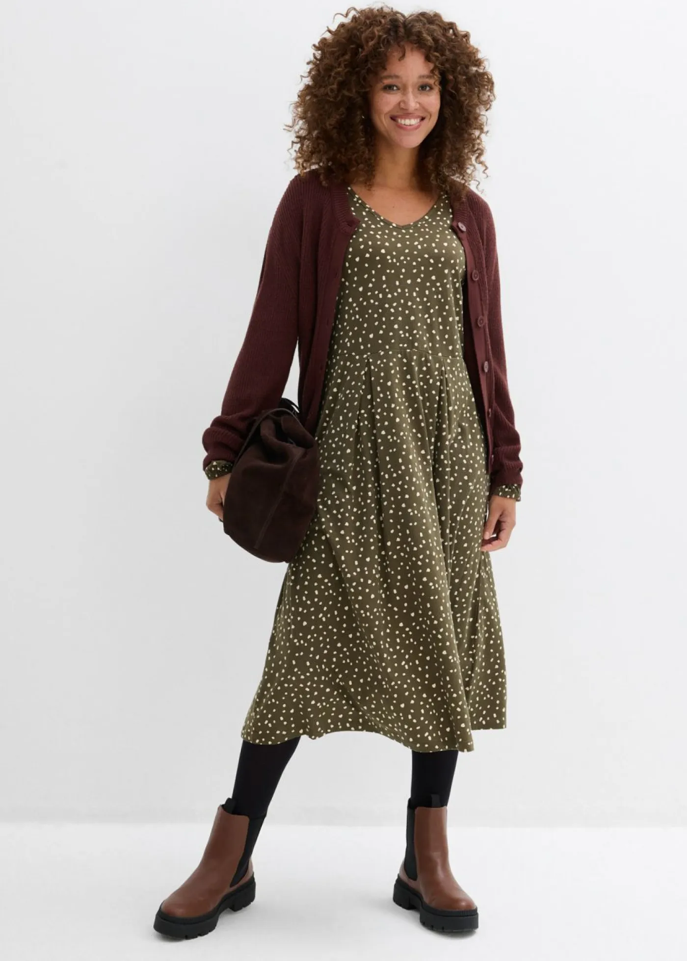 bonprix bonprix Vestidos>Vestido midi de punto de algodón Verde oliva oscuro/arena claro de lunares